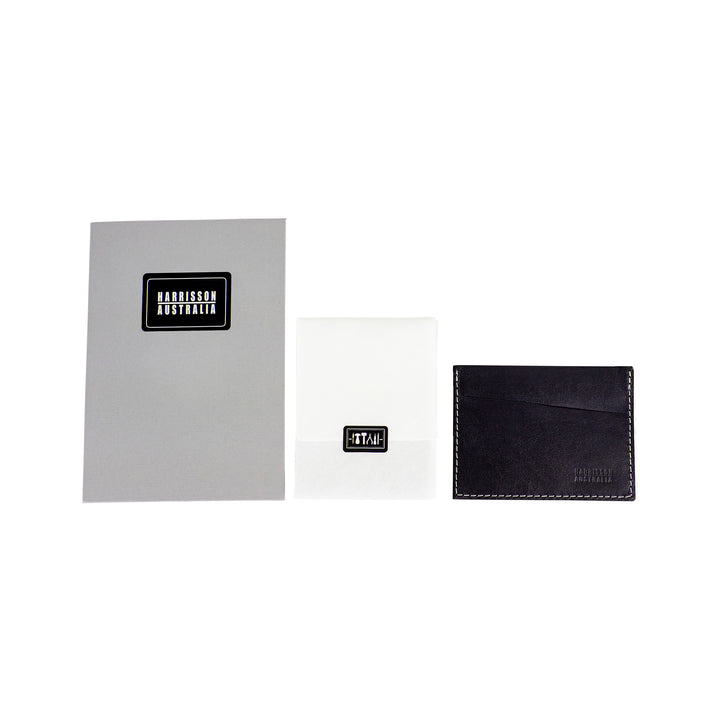 Three Pocket Black Leather Card Sleeve Wallet With Grey Stitching - Harrisson Australia